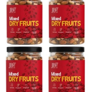 JB&CO Mix Dry fruits 1kg pack, Trail Mix, in convenient Jar packs, Panchmeva, mix of (apricots, cashews, Almonds, yellow raisins, black raisins and figs), super food, healthy and tasty. (4 X 250g)
