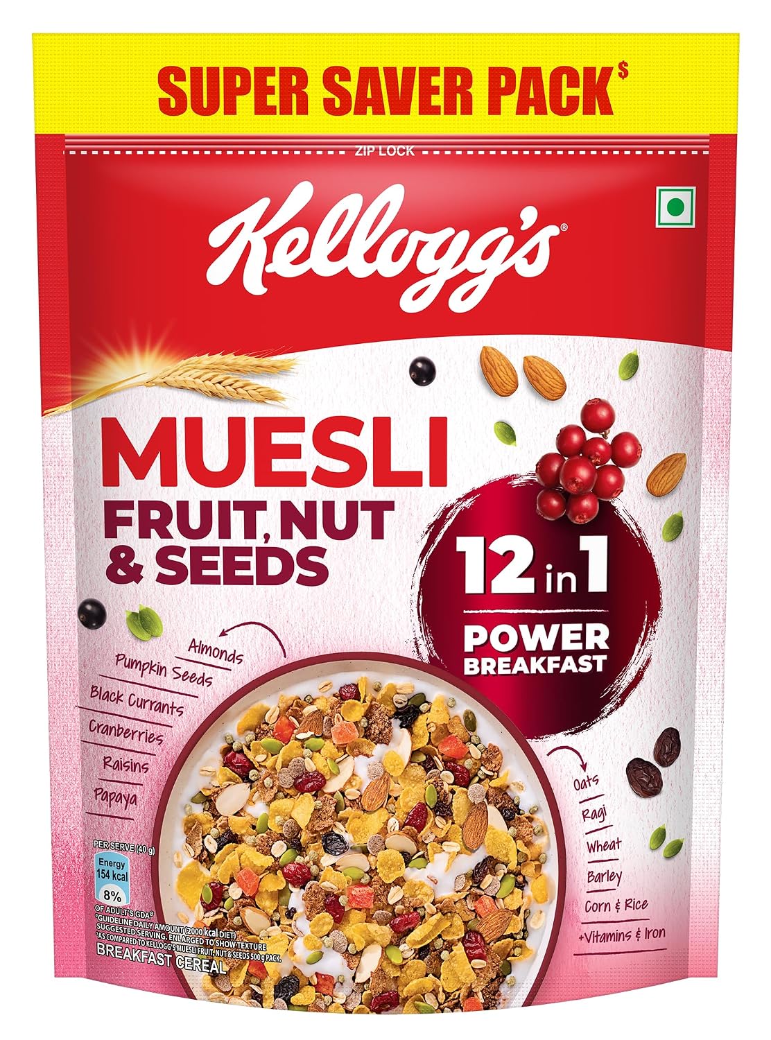 Kellogg's Muesli Fruit Nut & Seeds | 12 In 1 Power Breakfast | No Maida No Palm Oil | India's No 1 Muesli | 750g | Super Saver Pack with Ziplock