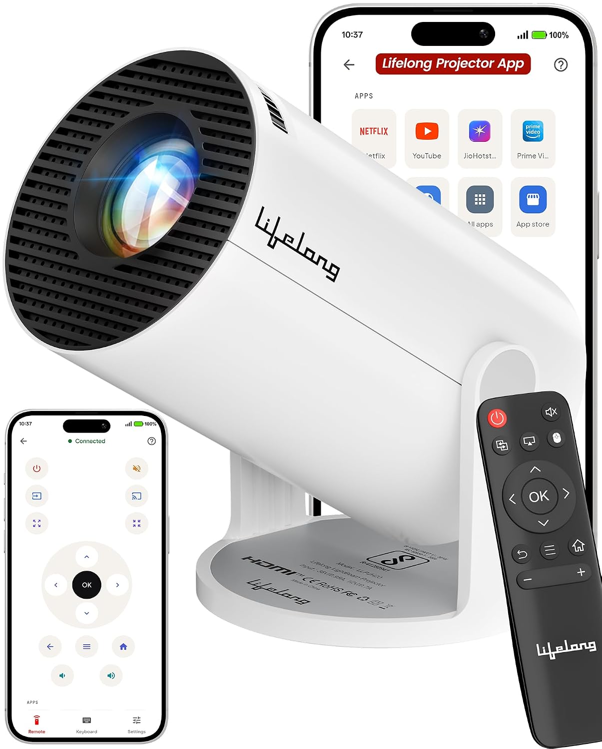 Lifelong Electronics Lightbeam Smart LED Projector | Smartphone Remote App | Android 14, 1080P & 4K Ultra HD Support, 4000 Lumens | All OTT Apps (Netflix, Prime, Jio etc) | WiFi/BT, HDMI, Cast, 150 in