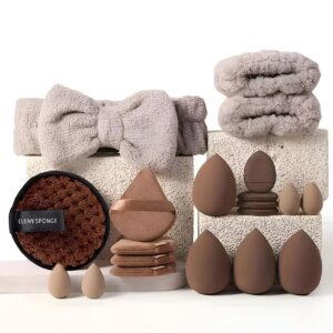 Multi-Shape Makeup Sponge Set | 20 Piece Beauty Puff Collection with Headband and Clean Sponge | Pink, Purple, Beige & Bright Sets | Face Blender Kit for Cream, Liquid & Powder | Aesthetic and Functional Makeup Tool (Brown, 20Pcs)