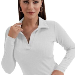 Dream Beauty Fashion Women's Collared Neck Long Sleeve Slim Fit Casual Tee Top, 23" inches (Apple-01-P)