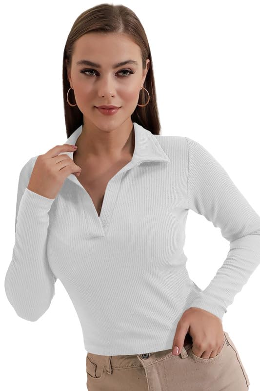 Dream Beauty Fashion Women's Collared Neck Long Sleeve Slim Fit Casual Tee Top, 23" inches (Apple-01-P)