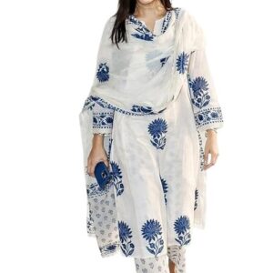Nermosa Women's Hand Block Floral Printed Straight Kurta Set with Palazzo Pants & Dupatta Ethnic Kurta Set for Casual Outings Day Events Summer Wear Festive