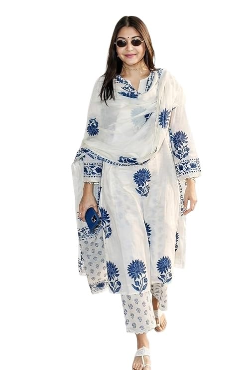 Nermosa Women's Hand Block Floral Printed Straight Kurta Set with Palazzo Pants & Dupatta Ethnic Kurta Set for Casual Outings Day Events Summer Wear Festive