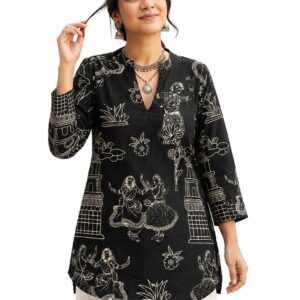 Women's Cotton Blend Tunic, Black, Printed, 3/4 Sleeve, Regular Fit, Casual Wear
