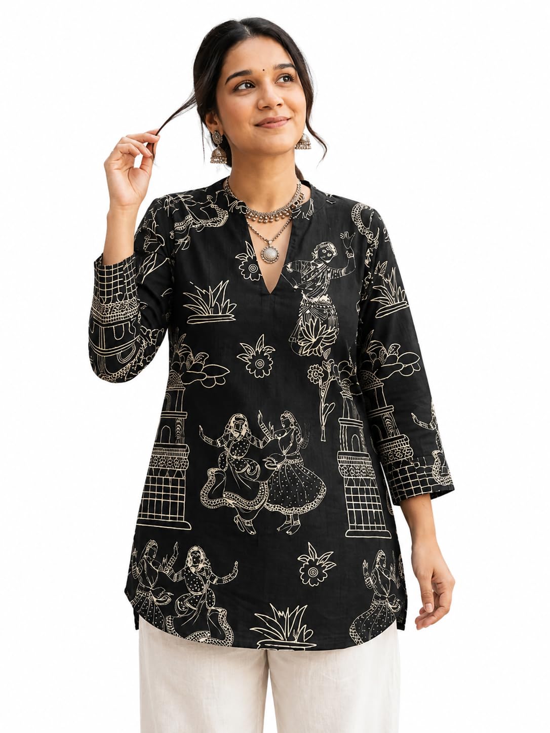 Women's Cotton Blend Tunic, Black, Printed, 3/4 Sleeve, Regular Fit, Casual Wear