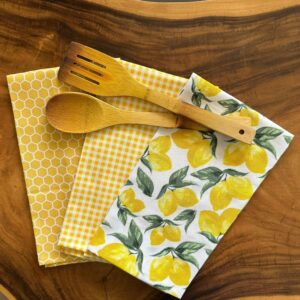100% Cotton Kitchen Towel, Set of 3 Kitchen Napkins, Yellow Lemon Print
