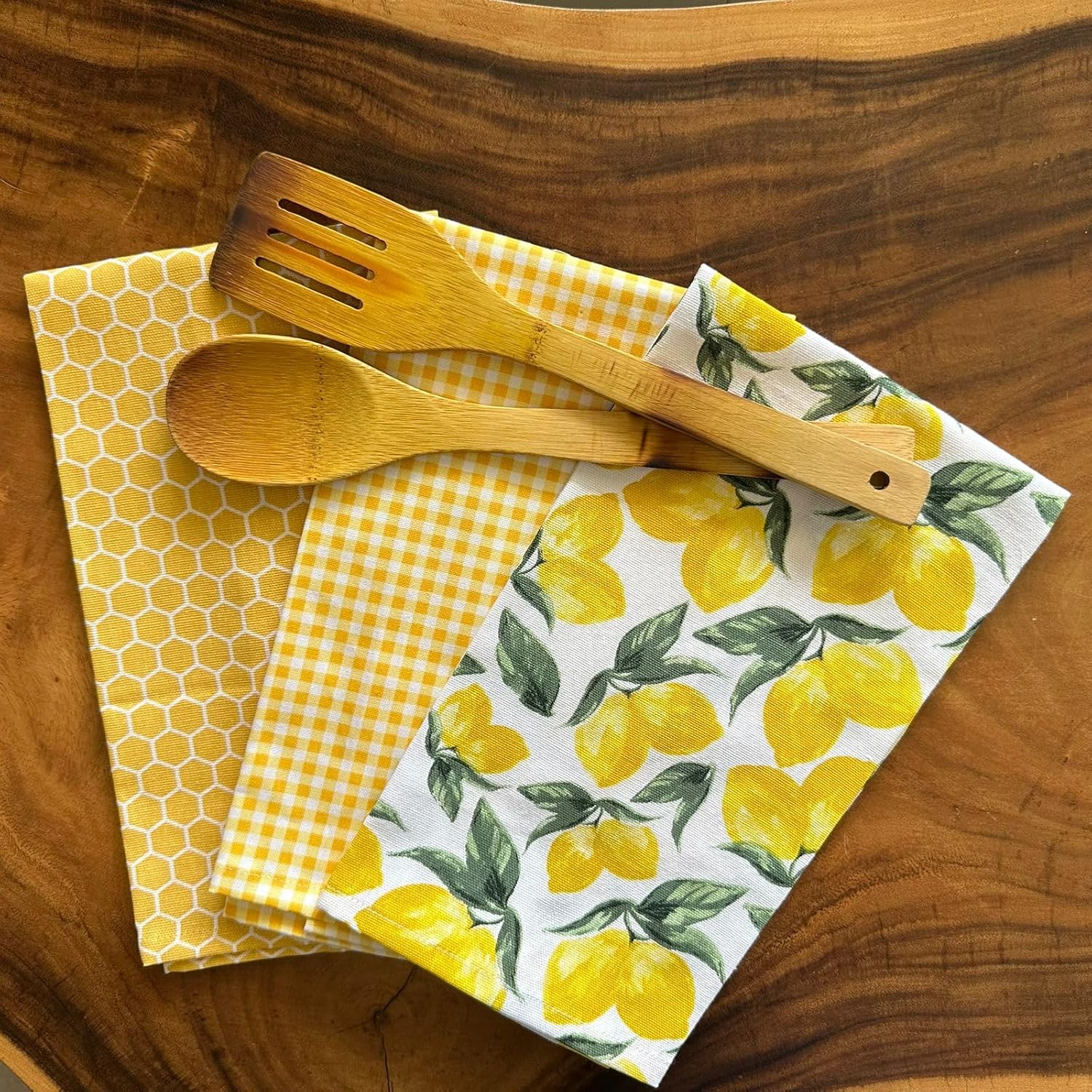100% Cotton Kitchen Towel, Set of 3 Kitchen Napkins, Yellow Lemon Print