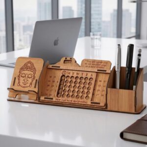 GKD Wooden Desk Organizer with Lifetime Calendar, Phone Stand, Pen Holder & Buddha Design | Office Table Decor & Gift | "New Day New Beginning" Quote (Bamboo Eco Friendly)