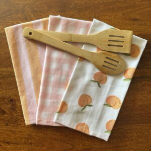 Oak & Lily Set of 3 Kitchen Napkins | Dish Towels | 100% Cotton | Premium European Quality | Washable, Large Size(40*60cm) Kitchen Roti Cloth, Cleaning, Drying, Wiping | Peaches, Pink Check & Stripes