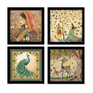 Rousrie Madhubani Art Framed Painting For Home, Living Room, Hall | Traditional Rajasthani Pichwai Art Paitnings With Frame For Home Decor (Set Of 4)
