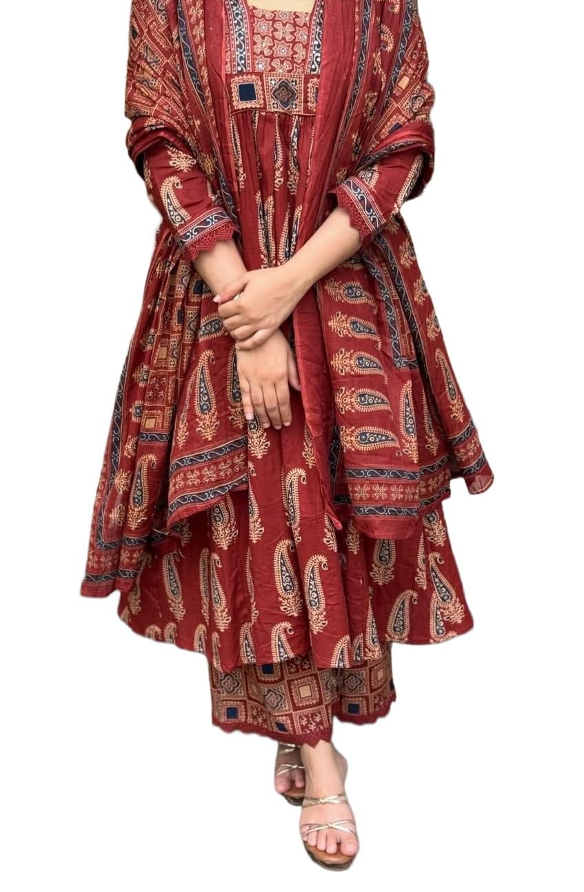 Nermosa Women's Printed Anarkali Kurta Palazzo Set with Dupatta