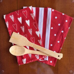 Oak & Lily Set of 3 Kitchen Napkins | Dish Towels | 100% Cotton | European Quality |Super Absorbent, Reusable|Washable, Large Size (40 * 60cm) Cleaning, Drying, Wiping | Red Heart Print