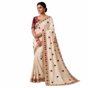 Women's Fendy Satin Silk Embroidered Saree with Heavy Work Contrast Blouse | Designer Wedding Saree | Traditional Ethnic Sari | Unstitched Blouse Piece