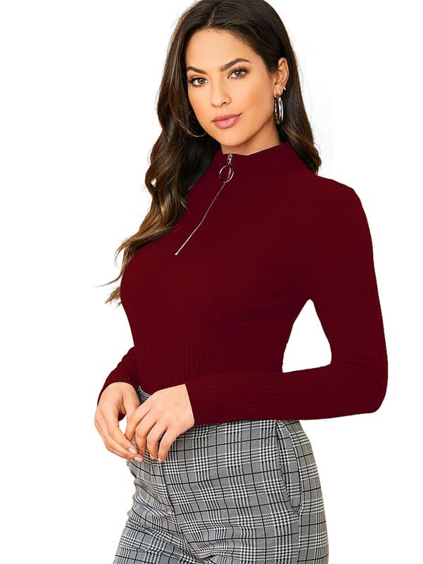 Dream Beauty Fashion Women's Half Zip Mock Neck Long Sleeve Slim Fit Casual Tee Top, 23" inches (Thar-01-P)