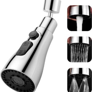 360° Rotating Kitchen Tap Extender, Flexible Faucet Attachment with 2/3 Mode Spray Head, Universal Splash Filter Aerator, Chrome Plated Sink Tap Extension for Kitchen & Bathroom (Silver)