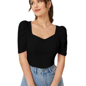 Dream Beauty Fashion Women's Sweet Heart Neck Balloon/Puff Bishop Sleeve Elegant Casual Tee Top, 23" inches (BZF-Top Mantos-01)
