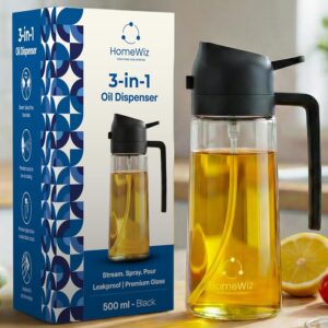 HomeWiz Oil Dispenser For Kitchen Glass Bottle 500 ml | 3-in-1 Mode Oil Sprayer, Cooking, Salad & BBQ | Stream, Spray & Pour Mist | Precision Refillable Bottle for Olive & Vinegar | Leakproof | Black