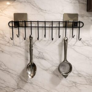 Wall Mounted Kitchen Utensil Hanger with Adhesive Hooks | Heavy Duty Metal Spoon & Ladle Holder Rack | No Drilling Kitchen Organizer for Cooking Tools, Cups & Accessories (Black)