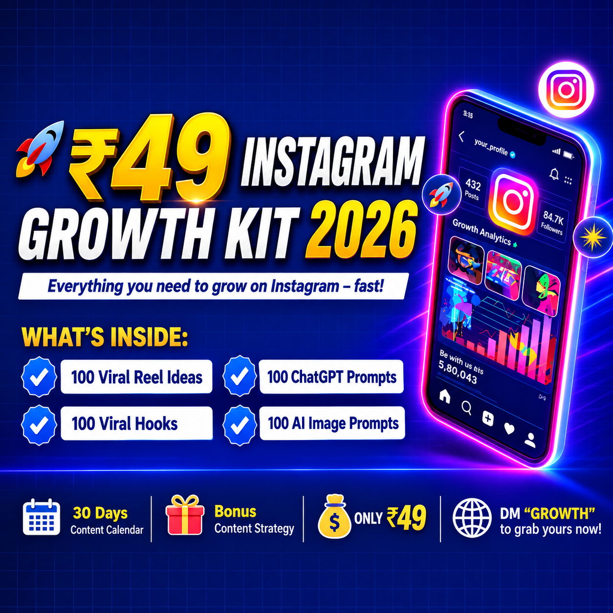 🚀 Ultimate Instagram Growth Kit 2026 – 100 Viral Ideas, Hooks, ChatGPT & AI Prompts + 30-Day Content Calendar. Get it for just ₹49!