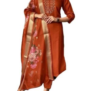Ethnic Party Kurta Set With Dupatta Featuring Elegant Thread Embroidery For Traditional Celebration Outfit