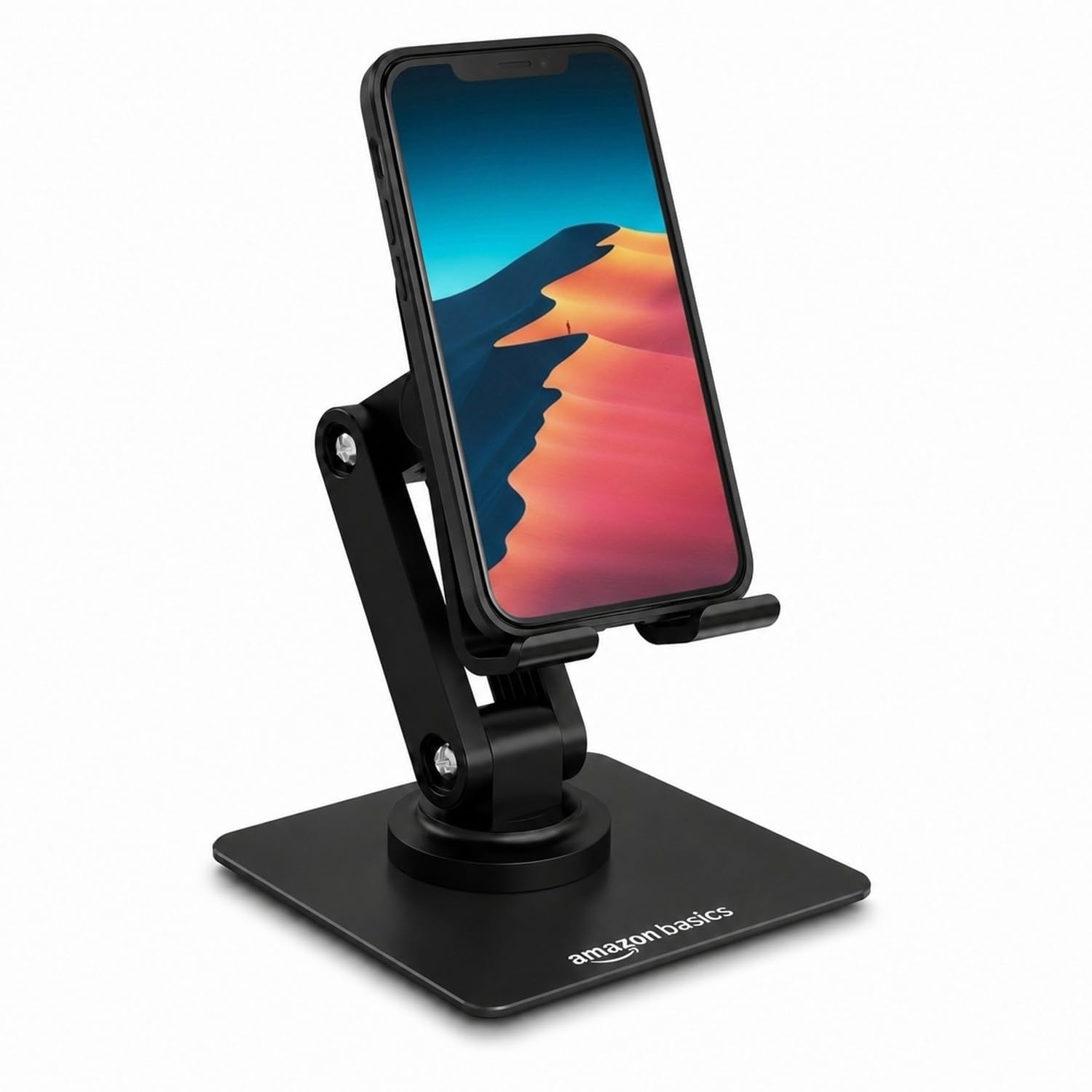 Amazon Basics 360° Rotating Phone Stand for Desk, Foldable & Adjustable Height Mobile Holder, Anti-Slip Base, Compatible with All Smartphones (Black)