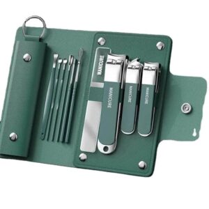 10-in-1 Manicure Kit – Stainless Steel Nail Clipper Set for Men & Women | Grooming Tools with Cuticle Remover, Nail File, Ear Pick & Tweezers in Compact Travel Case (Green)