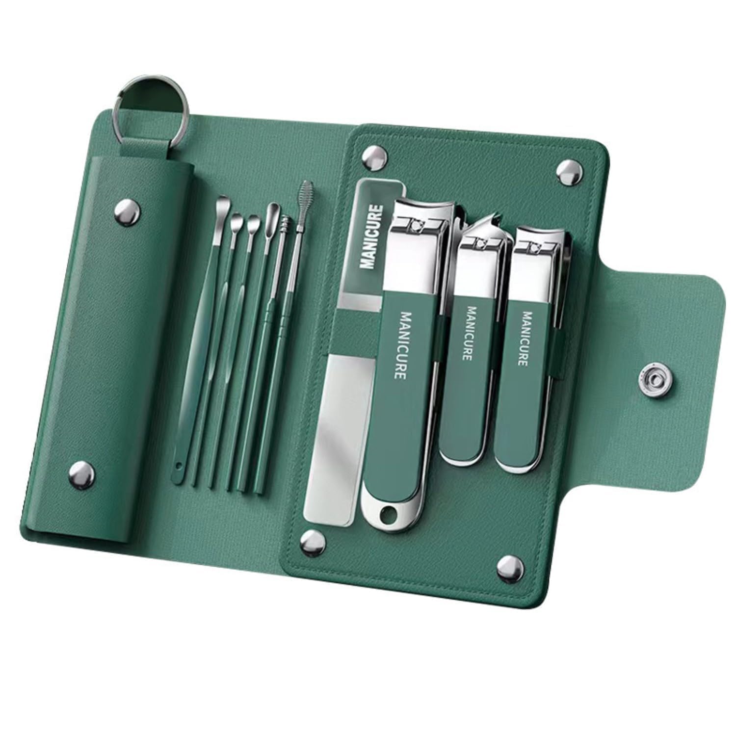 10 in 1 Nail Clipper Set with Ear Cleaner – Stainless Steel Manicure Pedicure Kit for Men & Women | Fingernail & Toenail Clippers, Nail File, Tweezers | Portable Travel Grooming Kit (Green)